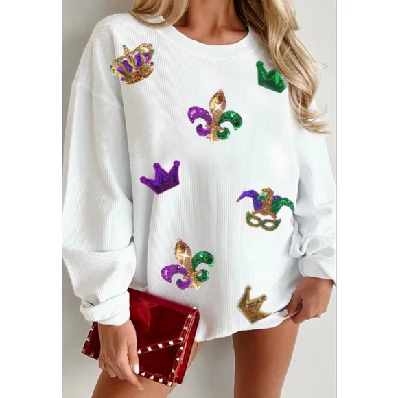 Mardi Gras Sequin Patch Oversized White Corded Sweatshirt - Picture 3 of 8